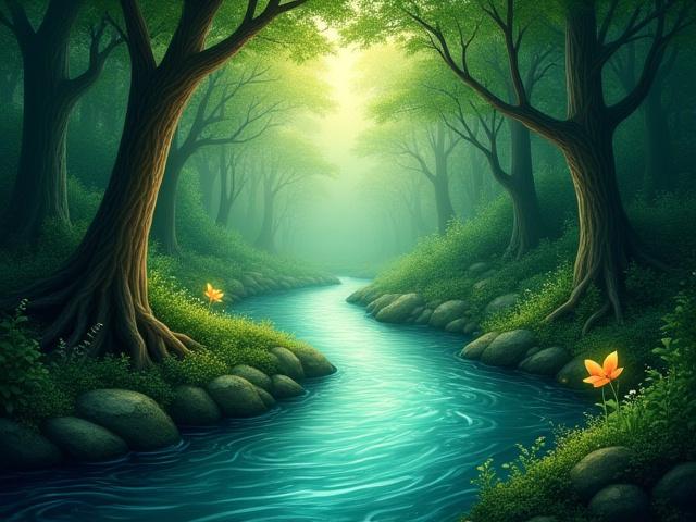 Ein ruhiger Fluss, der durch einen dichten Wald mäandert, bei Sonnenuntergang, mit schwebenden Fabelwesen.